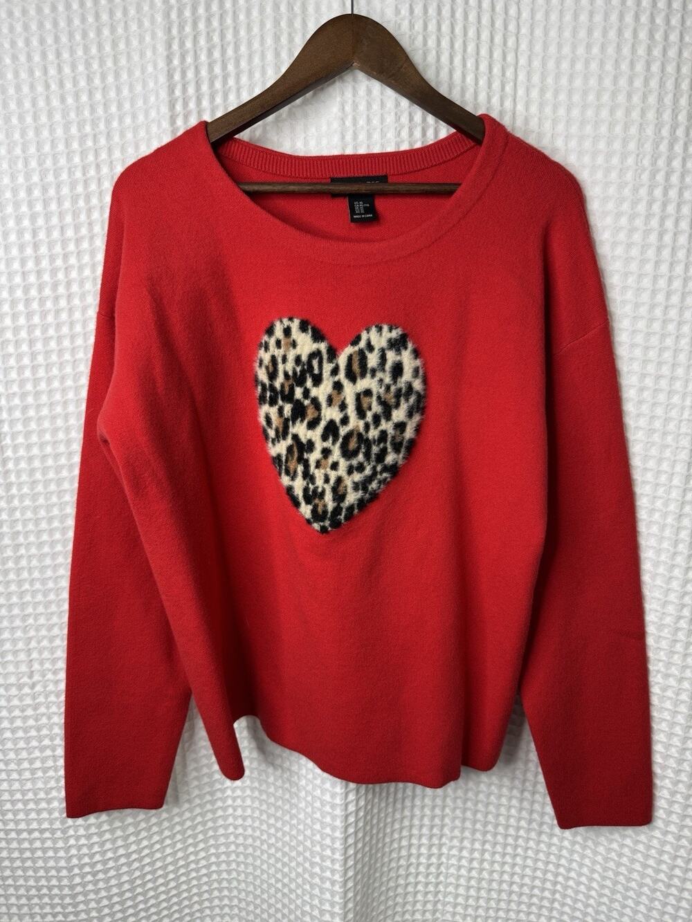 Rachel Zoe Womens XL Red Leopard Heart Knit Pullover Sweater Long Sleeve Crew